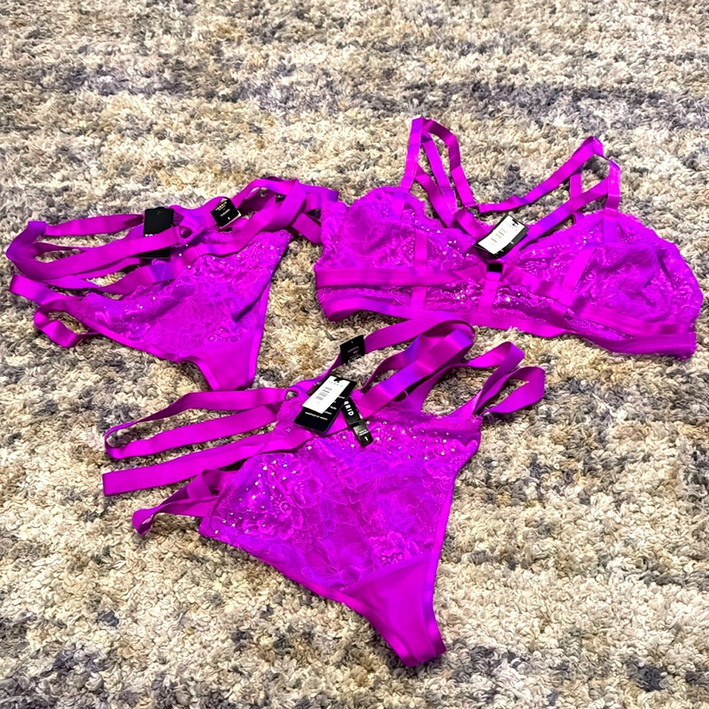 Neon purple bralette size 2 and 2x neon purple thongs size 1
